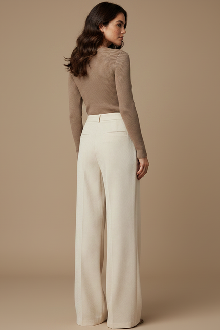 Pantalon Fluide Écru Ample Taille Haute Droit Élégant - Beige Viscose - vue 2
