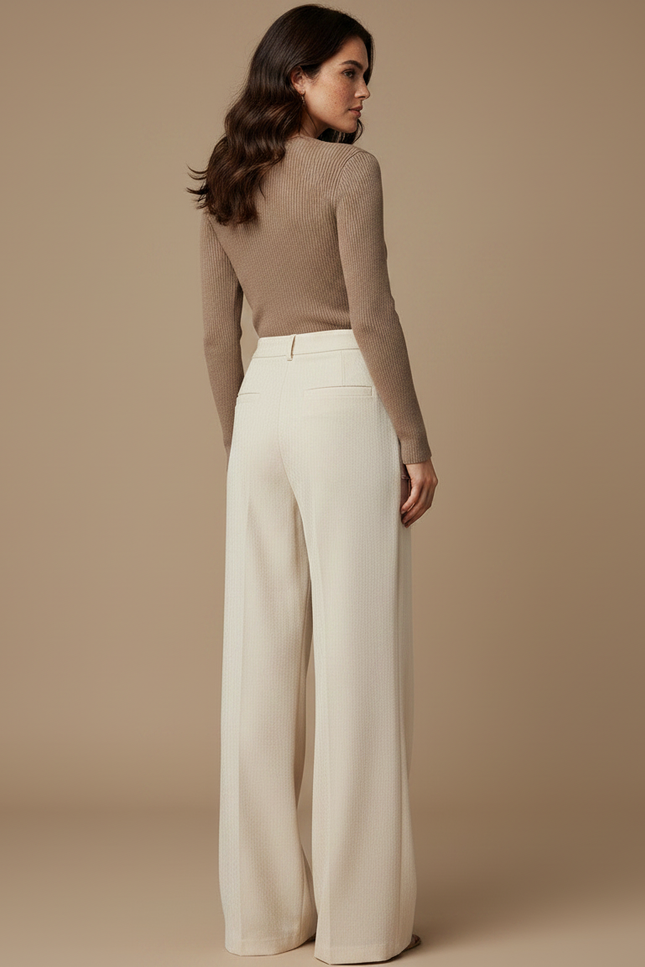 Pantalon Fluide Écru Ample Taille Haute Droit Élégant - Beige Viscose - vue 2