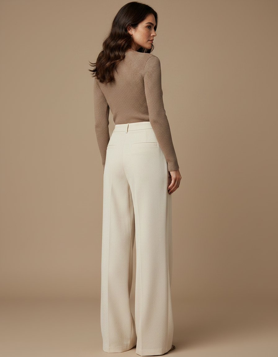 Pantalon Fluide Écru Ample Taille Haute Droit Élégant - Beige Viscose - vue 2