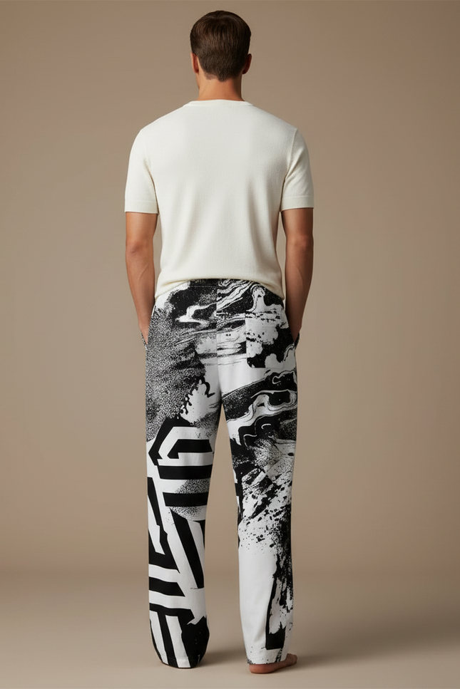 Pantalon Fluide Imprimé Abstrait Noir Blanc Ample Confortable - Viscose - vue 2