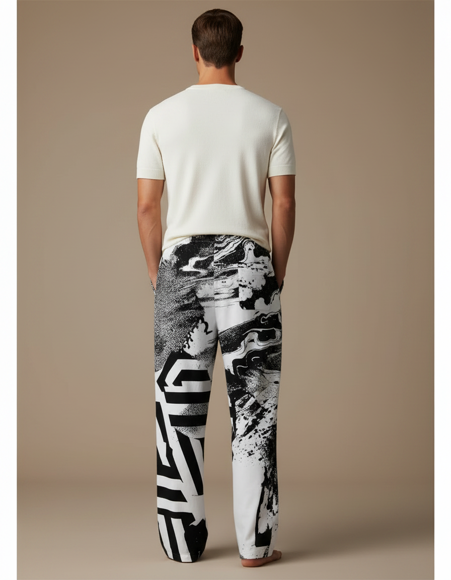 Pantalon Fluide Imprimé Abstrait Noir Blanc Ample Confortable - Viscose - vue 2
