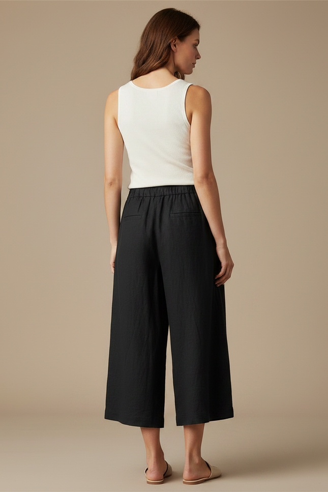 Pantalon Fluide Noir Lin Ample Court Décontracté - vue 2