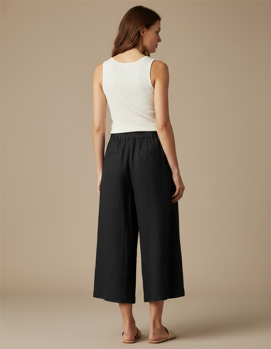 Pantalon Fluide Noir Lin Ample Court Décontracté - vue 2