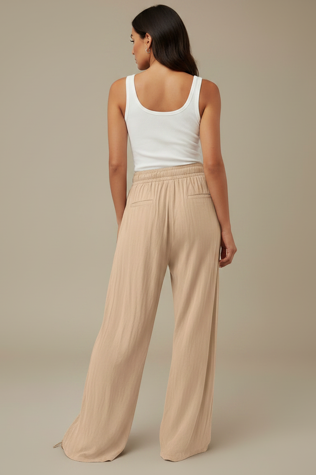 Pantalon Fluide Beige Coton Lin Ample Cordon - vue 2