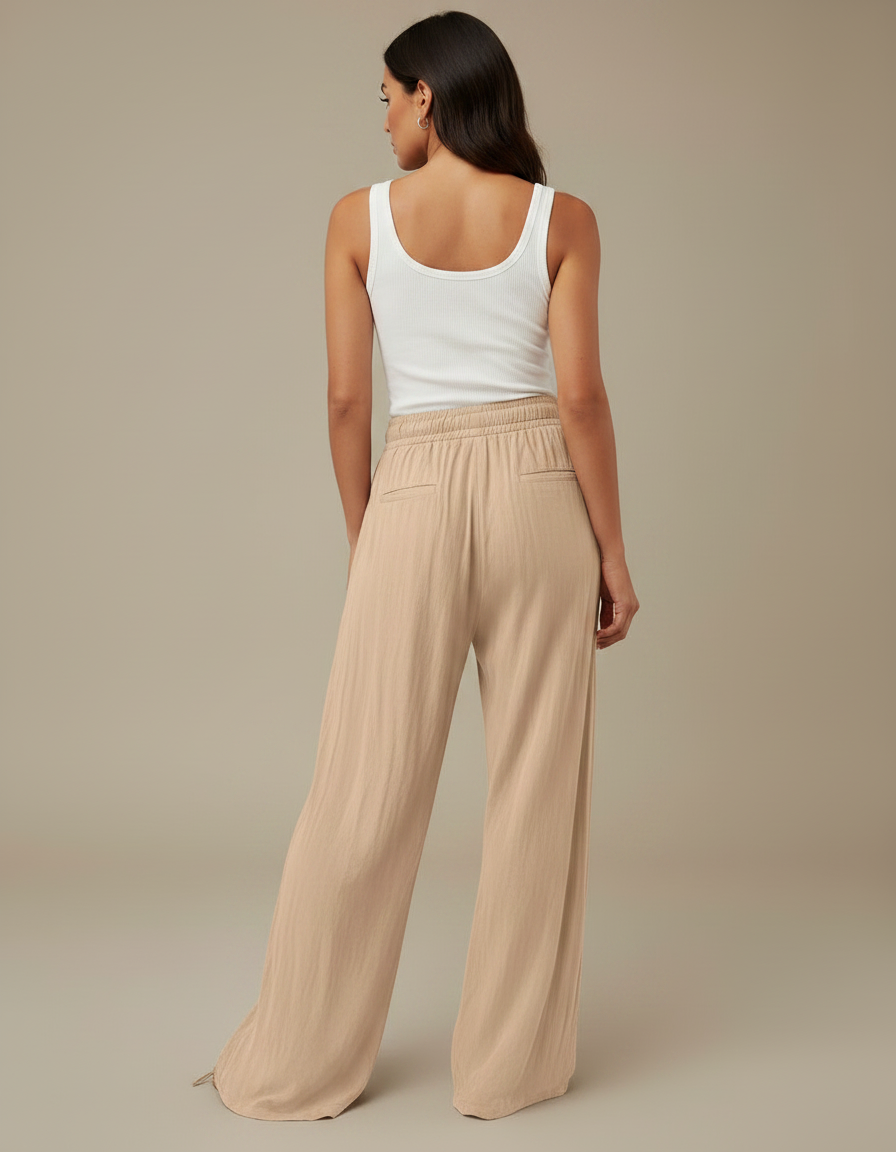 Pantalon Fluide Beige Coton Lin Ample Cordon - vue 2