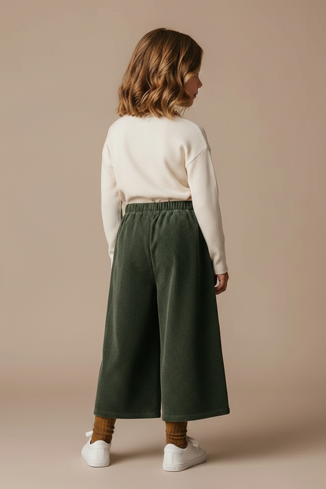 Pantalon Fluide Vert Côtelé Ample Décontracté Enfant - Cordé - vue 2