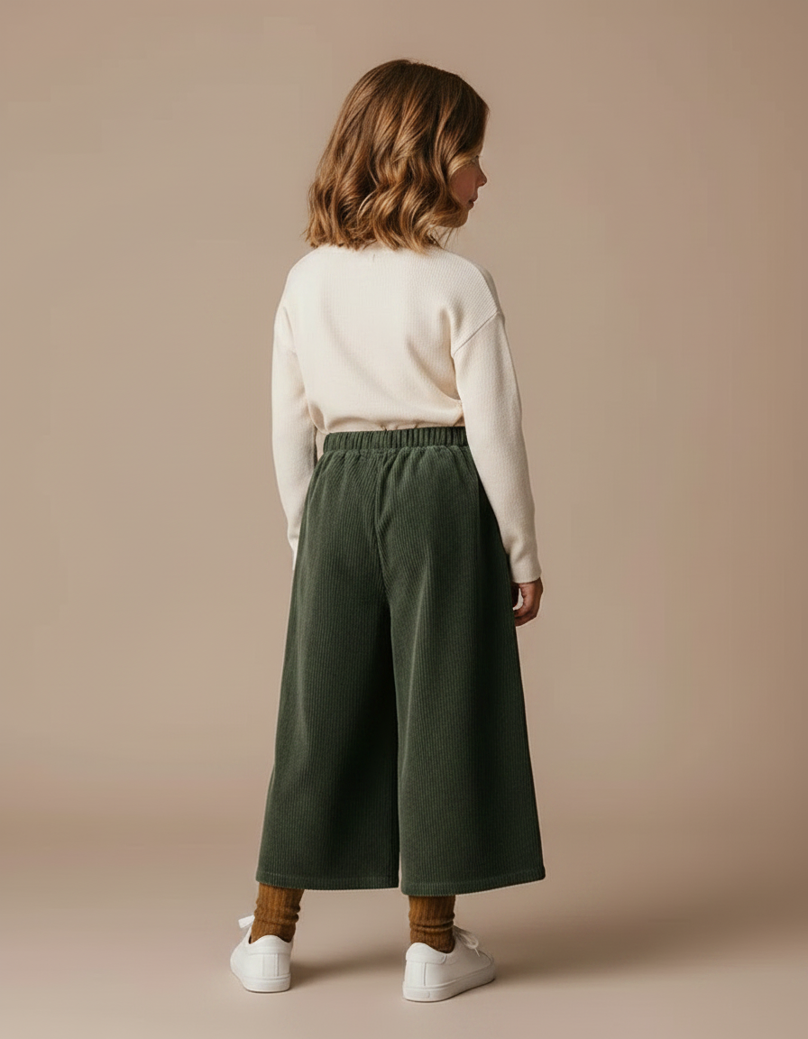 Pantalon Fluide Vert Côtelé Ample Décontracté Enfant - Cordé - vue 2