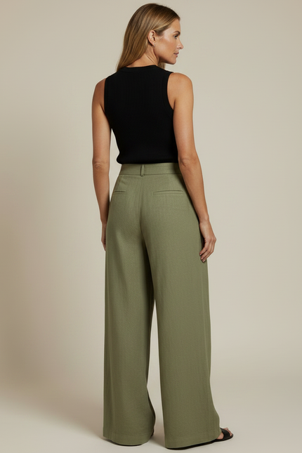Pantalon Fluide Vert Ample Plissé Décontracté Femme - Kaki Lin - vue 2