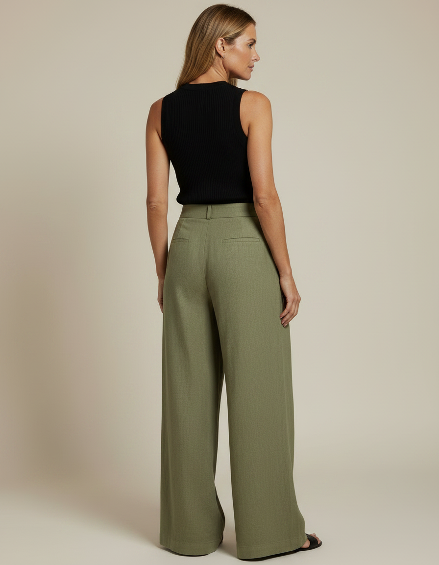 Pantalon Fluide Vert Ample Plissé Décontracté Femme - Kaki Lin - vue 2