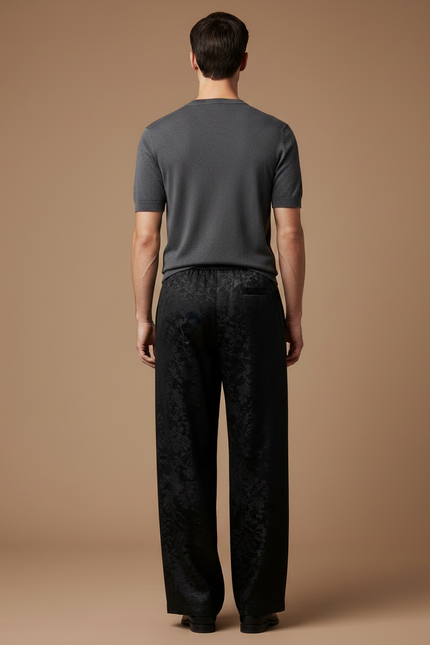 Pantalon Fluide Noir Jacquard Satiné Ample Élégant Homme - vue 2