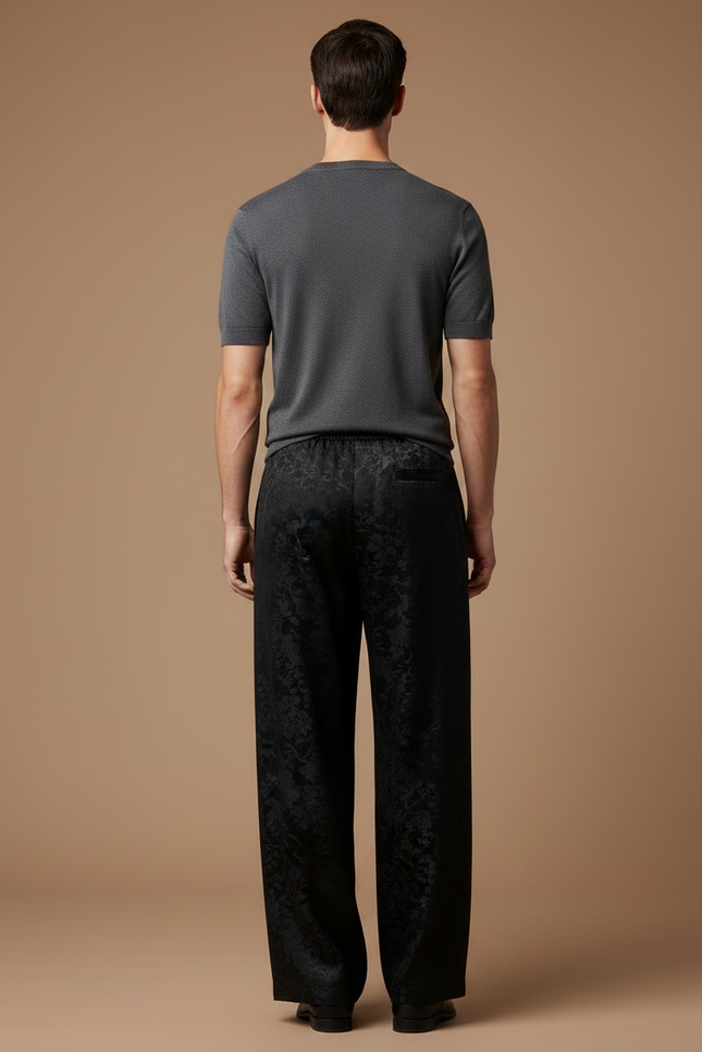 Pantalon Fluide Noir Jacquard Satiné Ample Élégant Homme - vue 2