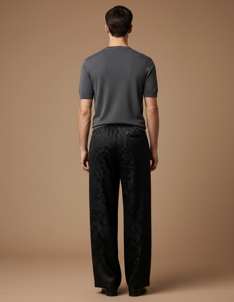 Pantalon Fluide Noir Jacquard Satiné Ample Élégant Homme - vue 2