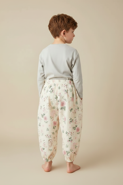 Pantalon Fluide Coton Gaze Ample Floral Beige Enfant - vue 2