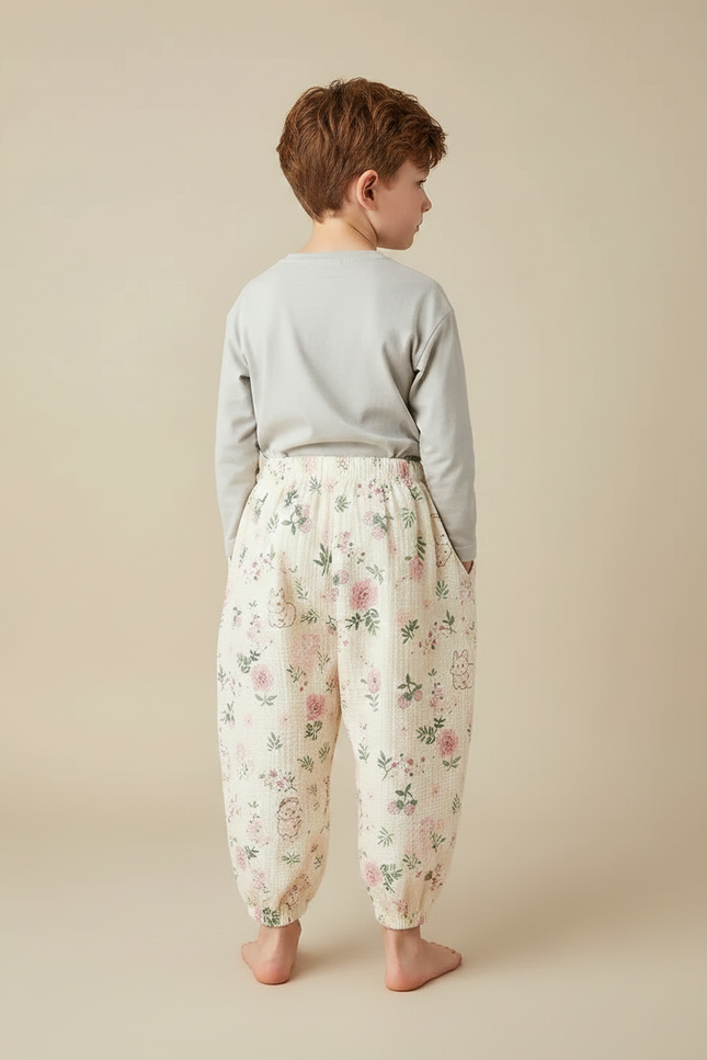 Pantalon Fluide Coton Gaze Ample Floral Beige Enfant - vue 2