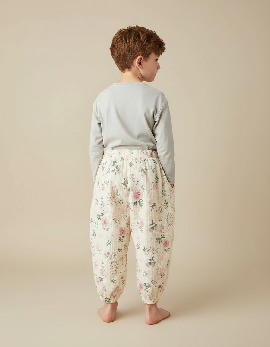 Pantalon Fluide Coton Gaze Ample Floral Beige Enfant - vue 2