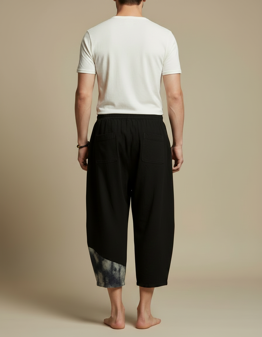 Pantalon Fluide Noir Ample Coton Lin Ethnique Décontracté - vue 2