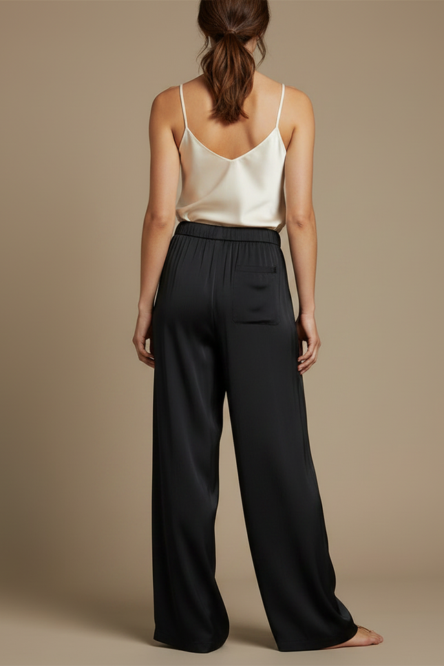 Pantalon Fluide Noir Ample Satiné Taille Haute Femme - vue 2