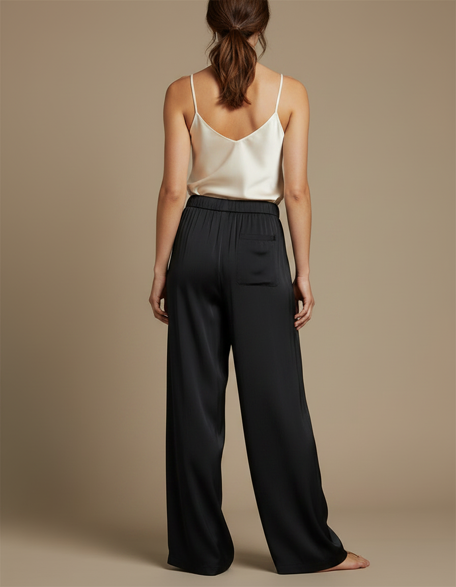 Pantalon Fluide Noir Ample Satiné Taille Haute Femme - vue 2