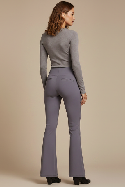 Pantalon Fluide Gris Violet Évasé Poches Taille Haute - Polyester - vue 2