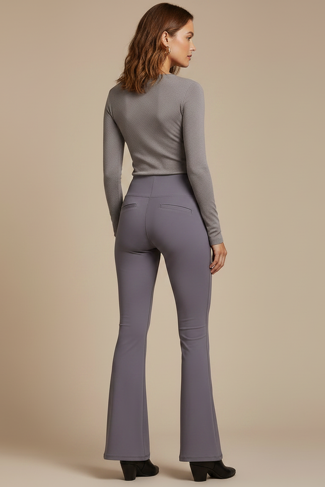 Pantalon Fluide Gris Violet Évasé Poches Taille Haute - Polyester - vue 2
