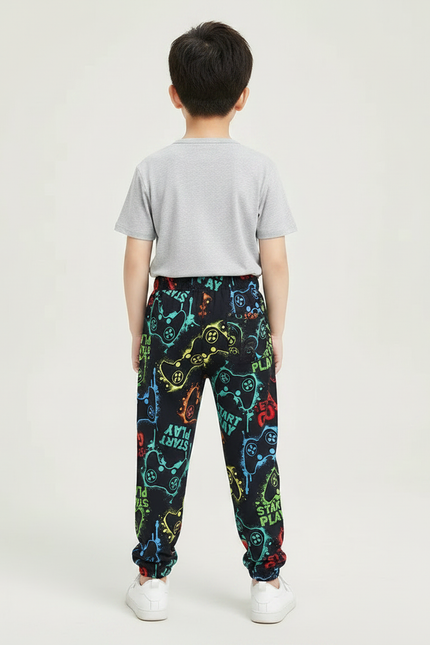 Pantalon Fluide Noir Imprimé Manettes Colorées Garçon - Molleton - vue 2