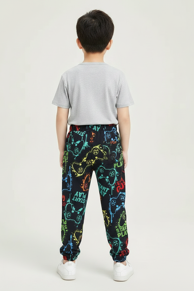 Pantalon Fluide Noir Imprimé Manettes Colorées Garçon - Molleton - vue 2