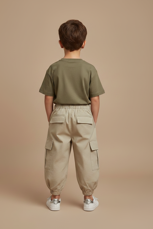 Pantalon Fluide Cargo Beige Uni Enfant Décontracté - Toile - vue 2
