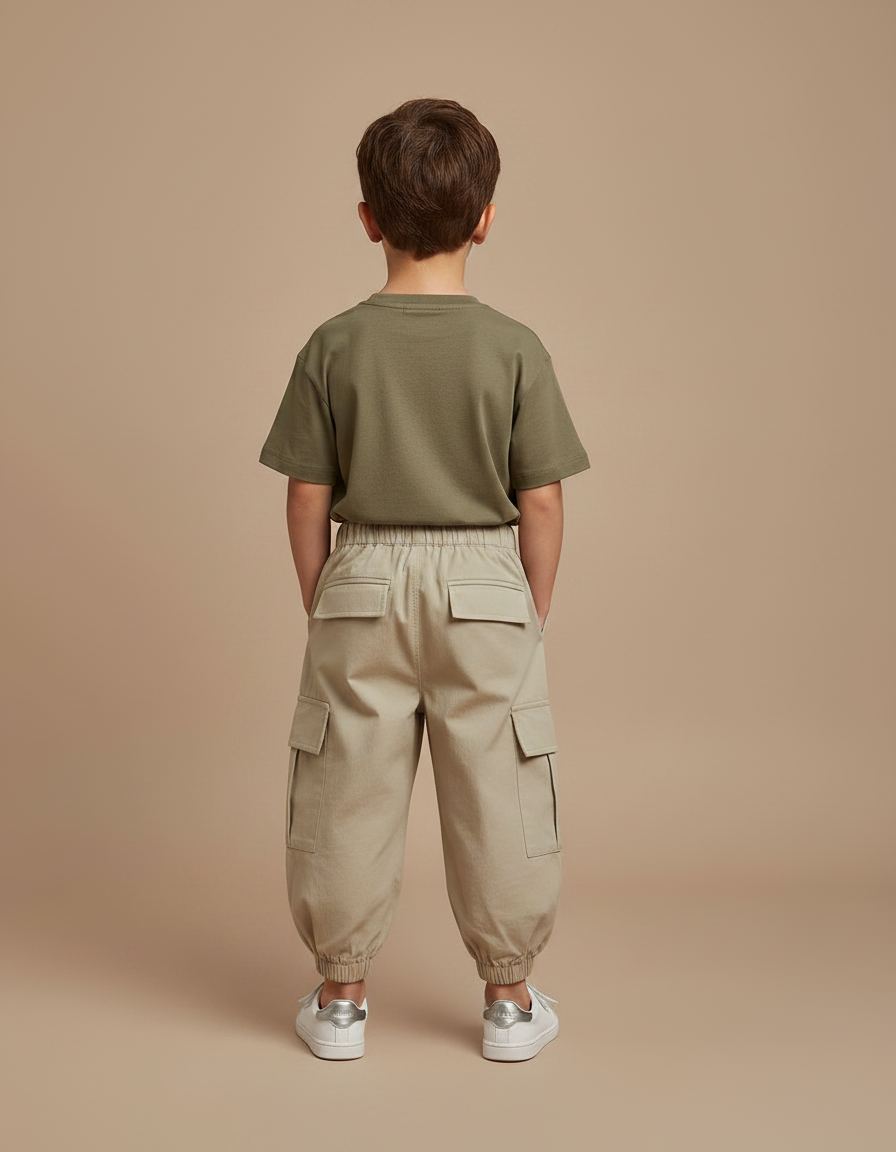 Pantalon Fluide Cargo Beige Uni Enfant Décontracté - Toile - vue 2