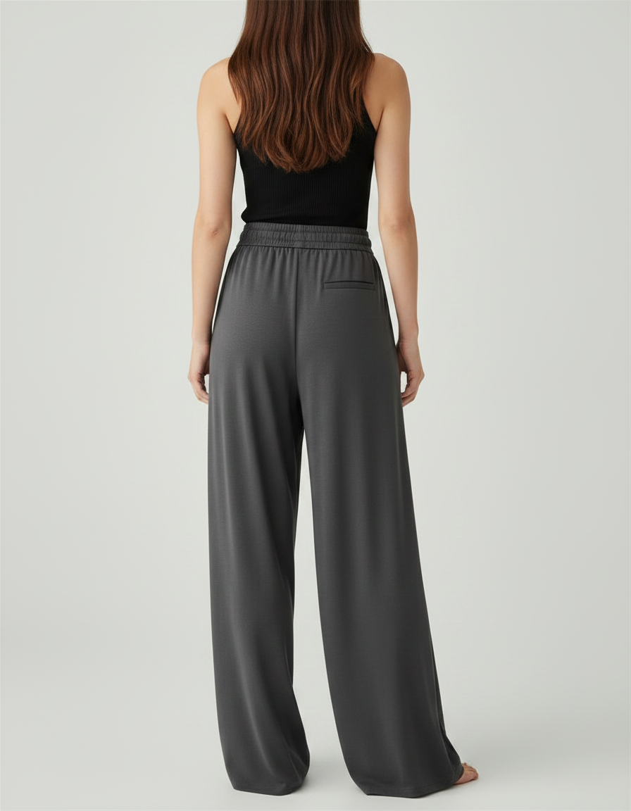 Pantalon Fluide Gris Ample Cordon Plissé Élégant - Viscose - vue 2