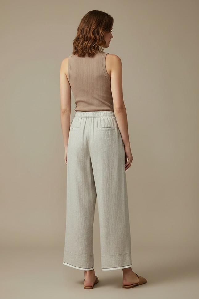 Pantalon Fluide Lin Ample Décontracté Beige Clair - vue 2