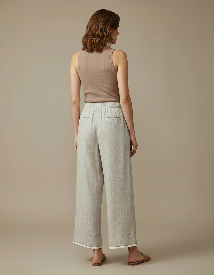 Pantalon Fluide Lin Ample Décontracté Beige Clair - vue 2