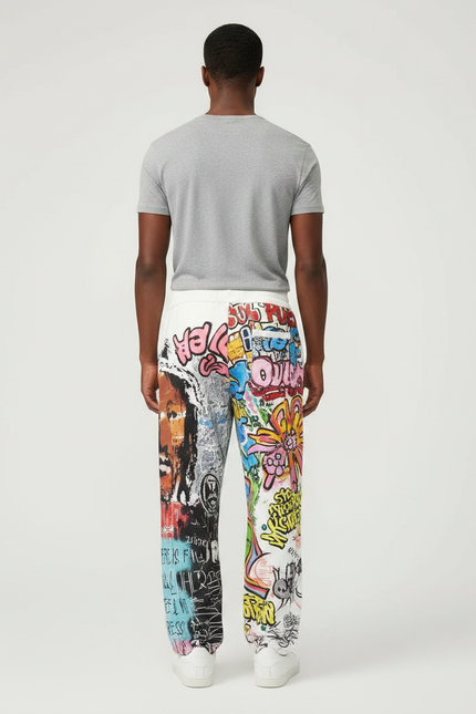 Pantalon Fluide Blanc Imprimé Graffiti Ample Décontracté Homme - Molleton - vue 2