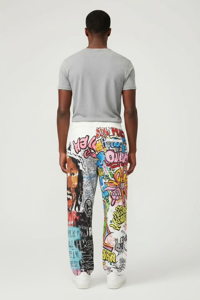 Pantalon Fluide Blanc Imprimé Graffiti Ample Décontracté Homme - Molleton - vue 2