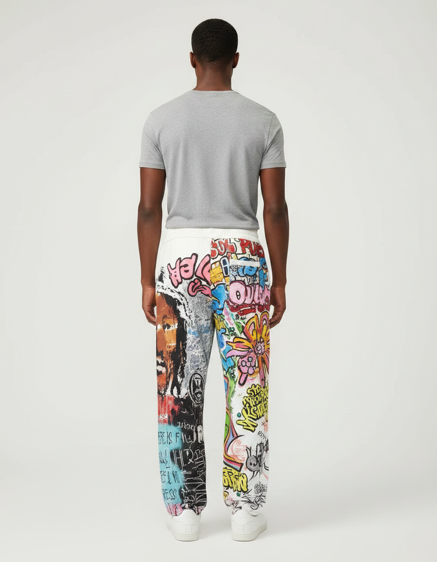 Pantalon Fluide Blanc Imprimé Graffiti Ample Décontracté Homme - Molleton - vue 2