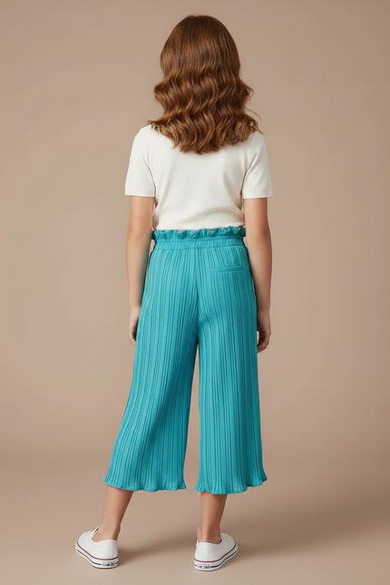 Pantalon Fluide Plissé Turquoise Fille Taille Élastique - Bleu Polyester - vue 2
