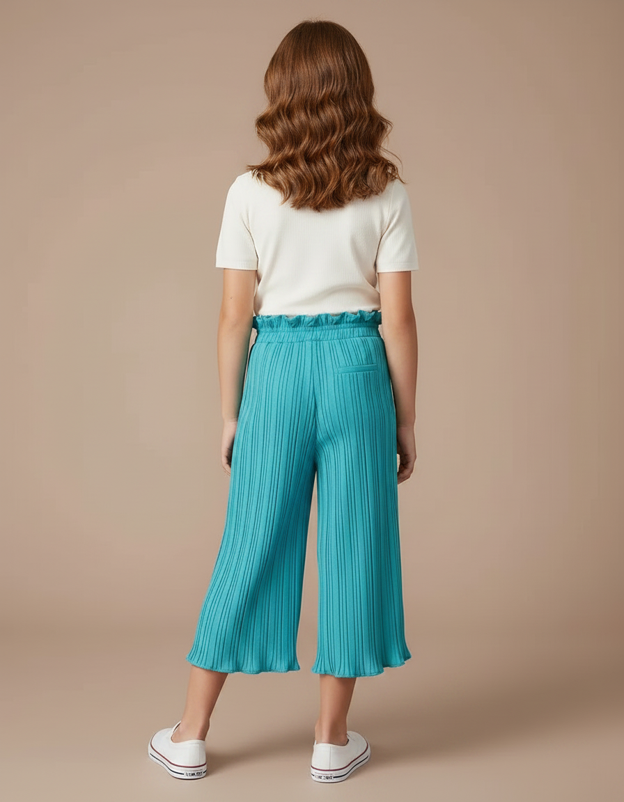 Pantalon Fluide Plissé Turquoise Fille Taille Élastique - Bleu Polyester - vue 2