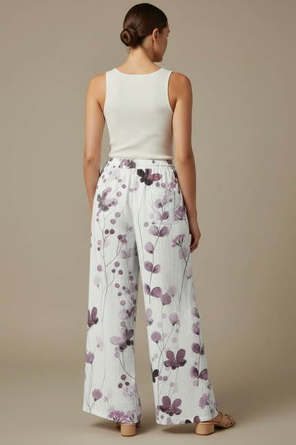 Pantalon Fluide Blanc Imprimé Floral Ample Lin Décontracté - vue 2