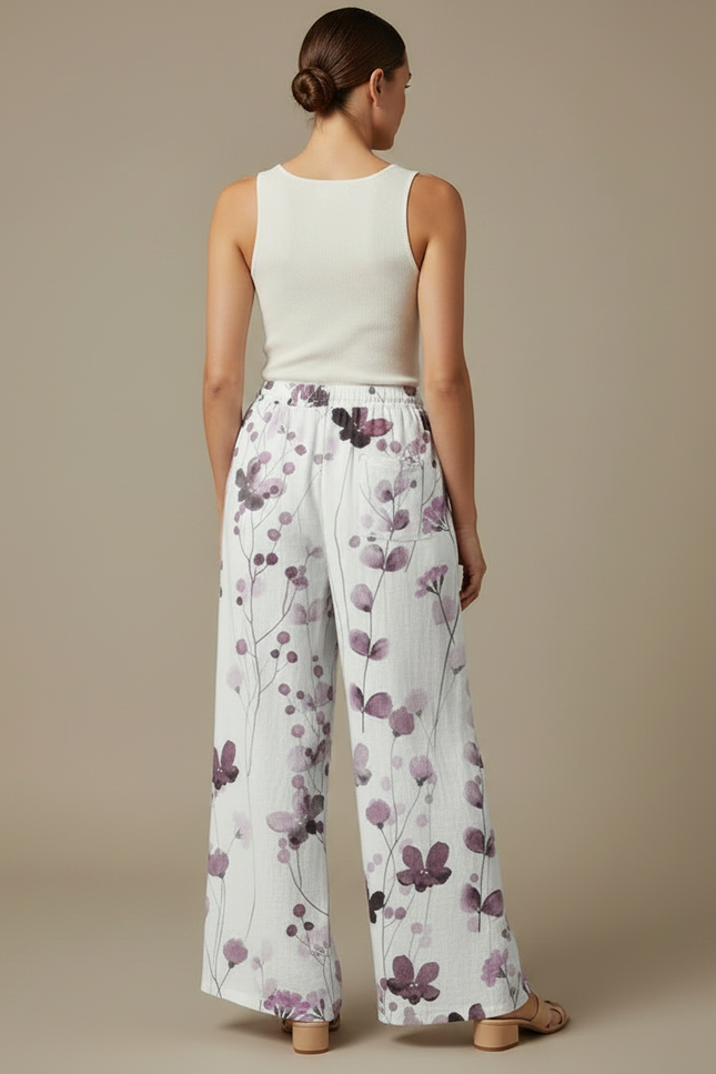 Pantalon Fluide Blanc Imprimé Floral Ample Lin Décontracté - vue 2
