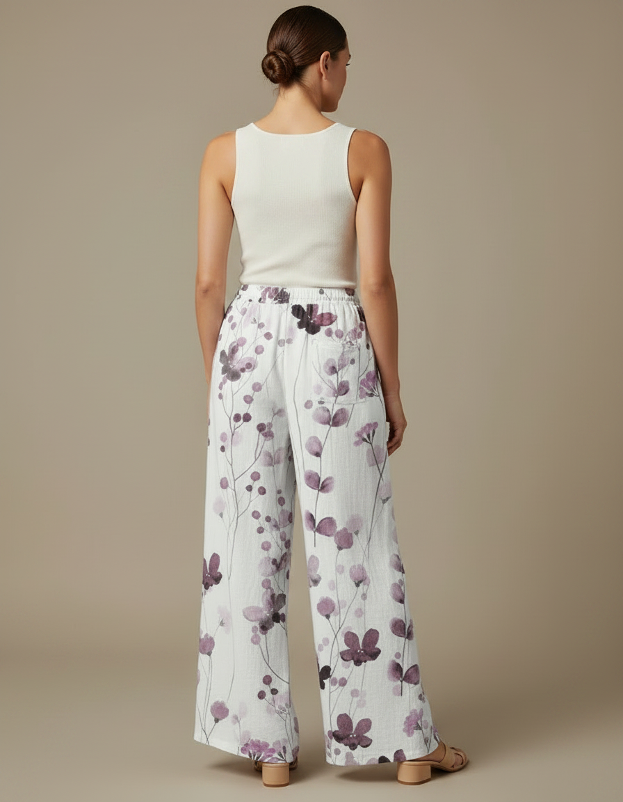 Pantalon Fluide Blanc Imprimé Floral Ample Lin Décontracté - vue 2