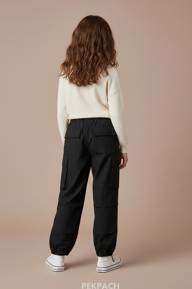 Pantalon Fluide Noir Ample Cargo Enfant Décontracté - Polyester - vue 2