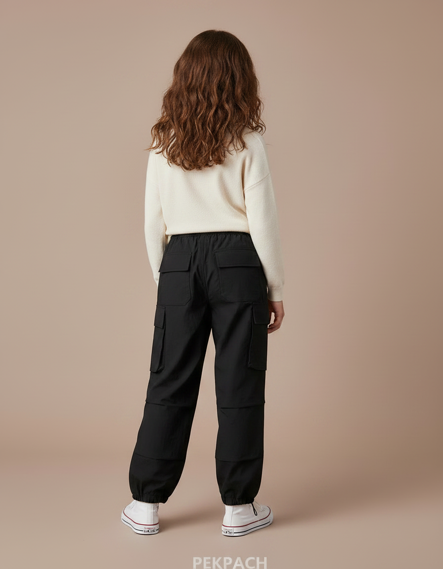 Pantalon Fluide Noir Ample Cargo Enfant Décontracté - Polyester - vue 2