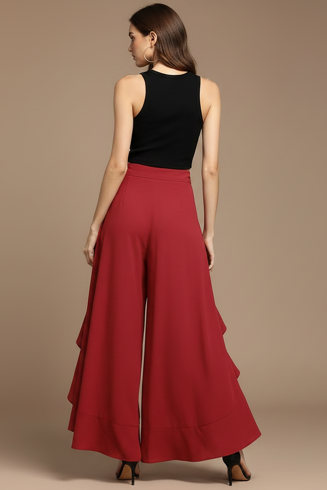 Pantalon Fluide Rouge Volants Taille Haute Élégant - Polyester - vue 2