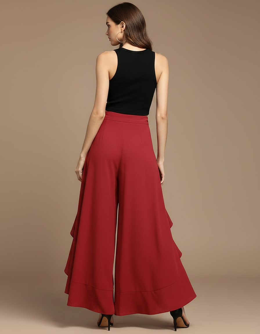 Pantalon Fluide Rouge Volants Taille Haute Élégant - Polyester - vue 2