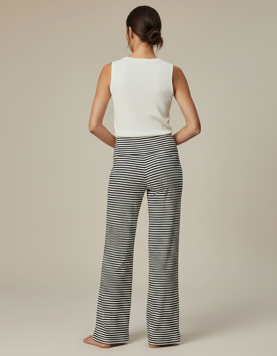 Pantalon Fluide Rayé Noir Blanc Ample Décontracté - Multicolore Maille - vue 2