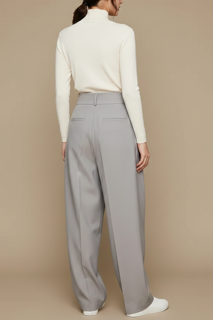 Pantalon Fluide Gris Ample Plissé Taille Haute - Polyester - vue 2