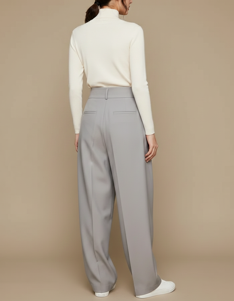 Pantalon Fluide Gris Ample Plissé Taille Haute - Polyester - vue 2