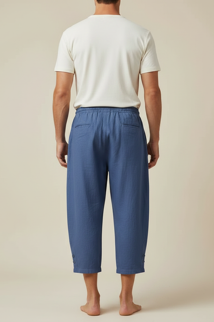 Pantalon Fluide Bleu Coton Lin Ample Décontracté Homme - vue 2