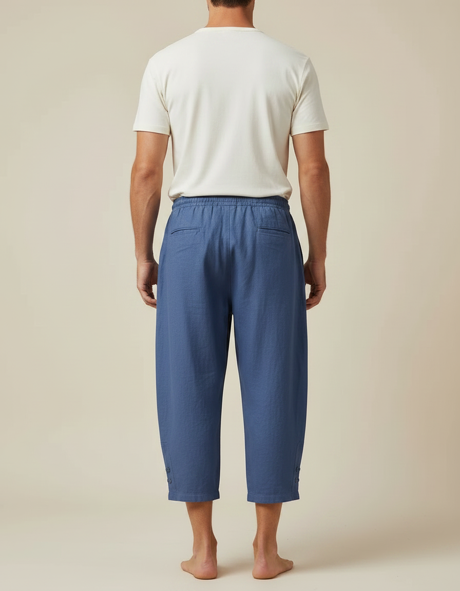 Pantalon Fluide Bleu Coton Lin Ample Décontracté Homme - vue 2