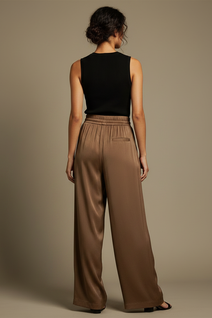 Pantalon Fluide Marron Satiné Ample Décontracté Femme - vue 2