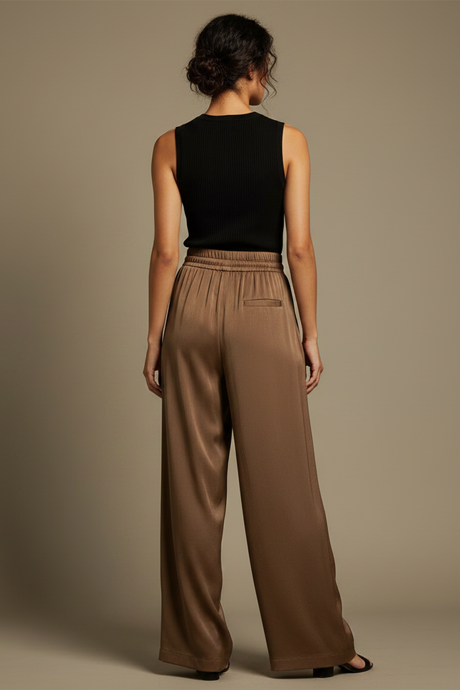 Pantalon Fluide Marron Satiné Ample Décontracté Femme - vue 2